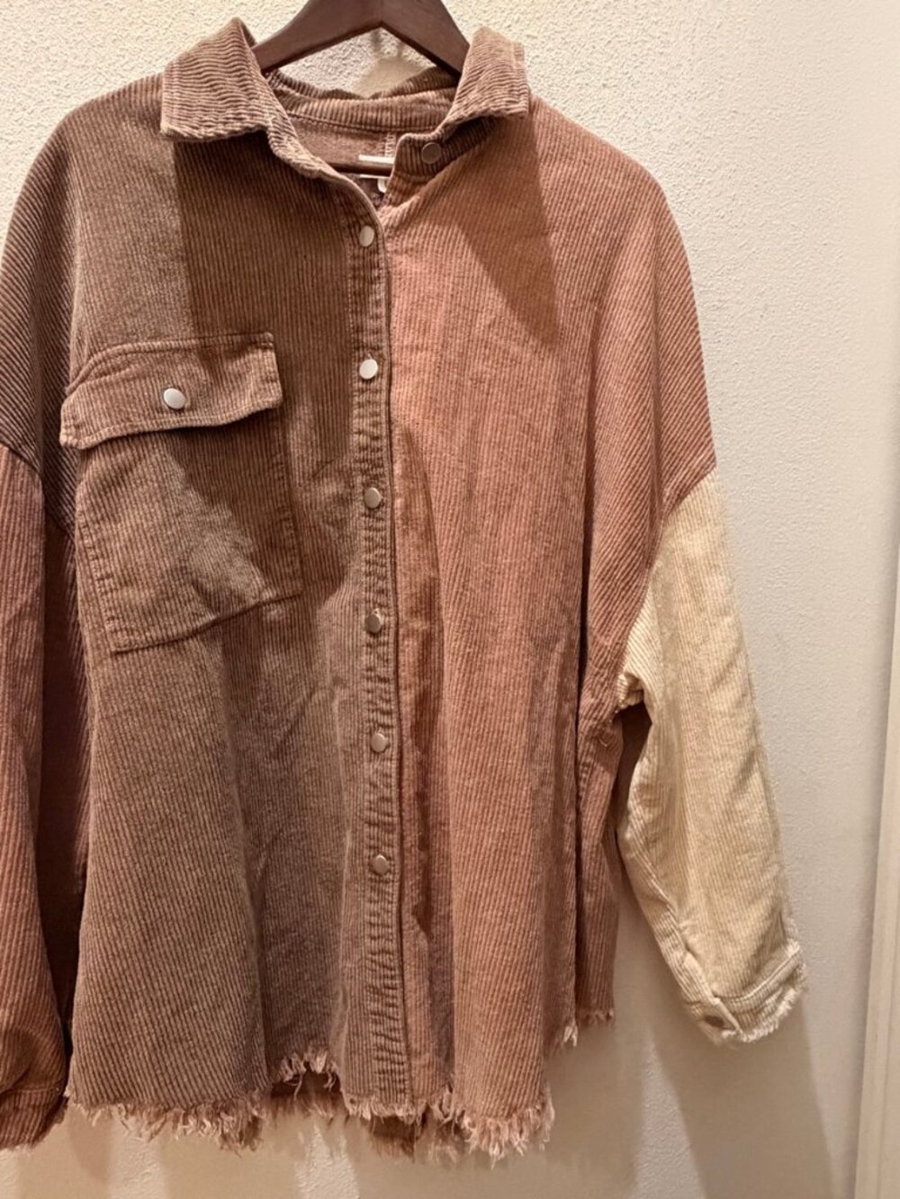 POL Brown Corduroy Button Front Shirt Frayed Hem Star Patch L